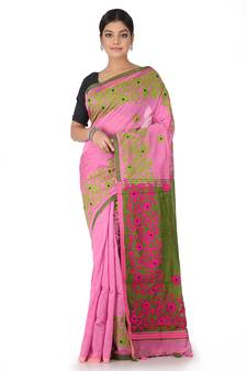 Pink Hand Woven Cotton Saree With Blouse