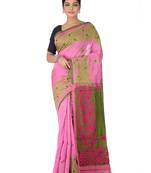 Pink Hand Woven Cotton Saree With Blouse