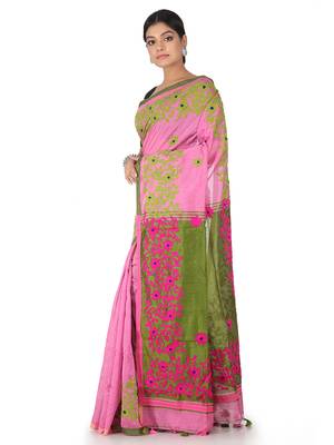Pink Hand Woven Cotton Saree With Blouse 3