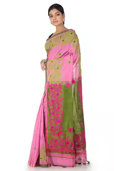 Pink Hand Woven Cotton Saree With Blouse