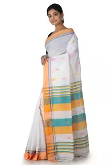 White Hand Woven Cotton Silk Saree With Blouse
