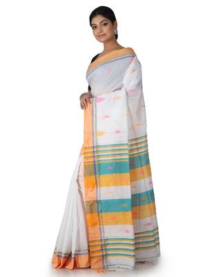 White Hand Woven Cotton Silk Saree With Blouse 3
