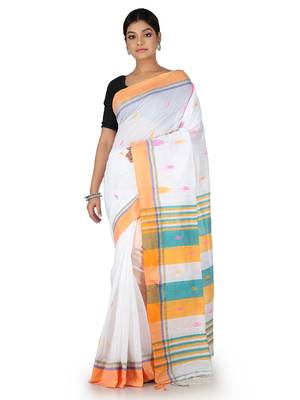 White Hand Woven Cotton Silk Saree With Blouse 1