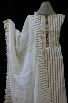 Off white embroidered cotton unstitched salwar with dupatta 3