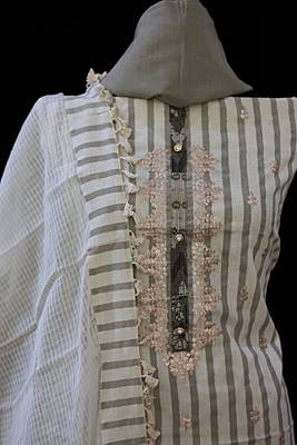 Off white embroidered cotton unstitched salwar with dupatta 5
