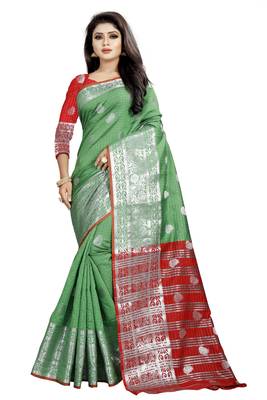 Green Woven Cotton Saree With Blouse 1