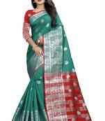 Sea Green Woven Cotton Saree With Blouse