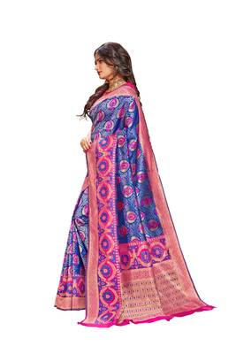 Blue plain banarasi silk saree with blouse 2
