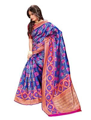 Blue plain banarasi silk saree with blouse 4