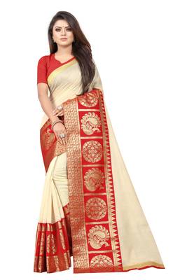 Cream woven chanderi saree with blouse 1