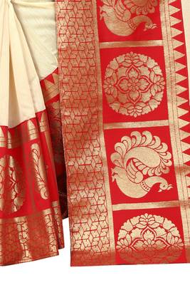 Cream woven chanderi saree with blouse 4