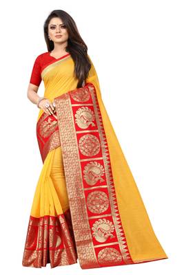 Yellow woven chanderi saree with blouse 1