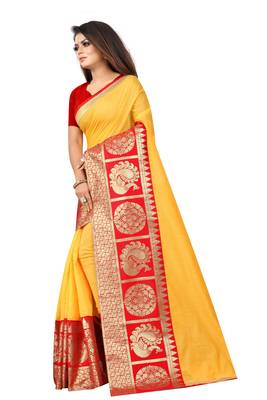 Yellow woven chanderi saree with blouse 2