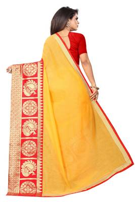 Yellow woven chanderi saree with blouse 3