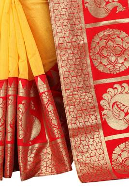 Yellow woven chanderi saree with blouse 4