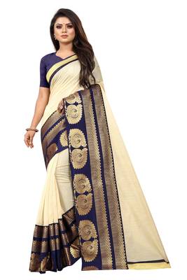 Cream woven chanderi saree with blouse 1