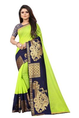 Light parrot green woven chanderi saree with blouse 1