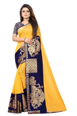Yellow woven chanderi saree with blouse 1