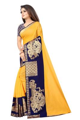 Yellow woven chanderi saree with blouse 2