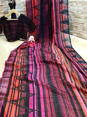multicolor printed cotton saree with blouse 2