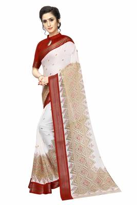 White printed cotton saree with blouse 3