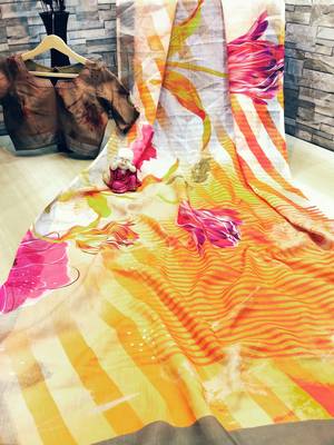 Multicolor printed linen saree with blouse 5