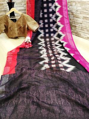 Multicolor printed linen saree with blouse 5
