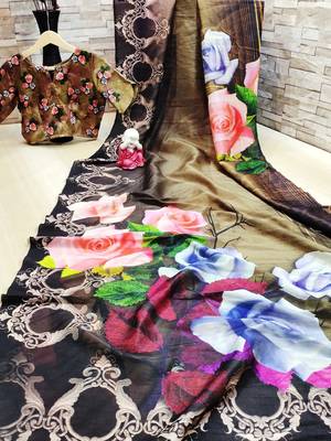 Multicolor printed tussar silk saree with blouse 5