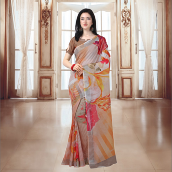 Multicolor printed linen saree with blouse 2