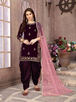 Purple Velvet Embroidery Work Semi Stitched Patiyala Suit 1