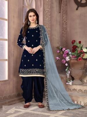 Navy blue Velvet Embroidery Work Semi Stitched Patiyala Suit 1