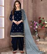 Navy blue Velvet Embroidery Work Semi Stitched Patiyala Suit