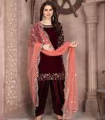 Maroon Velvet Embroidery Work Semi Stitched Patiyala Suit