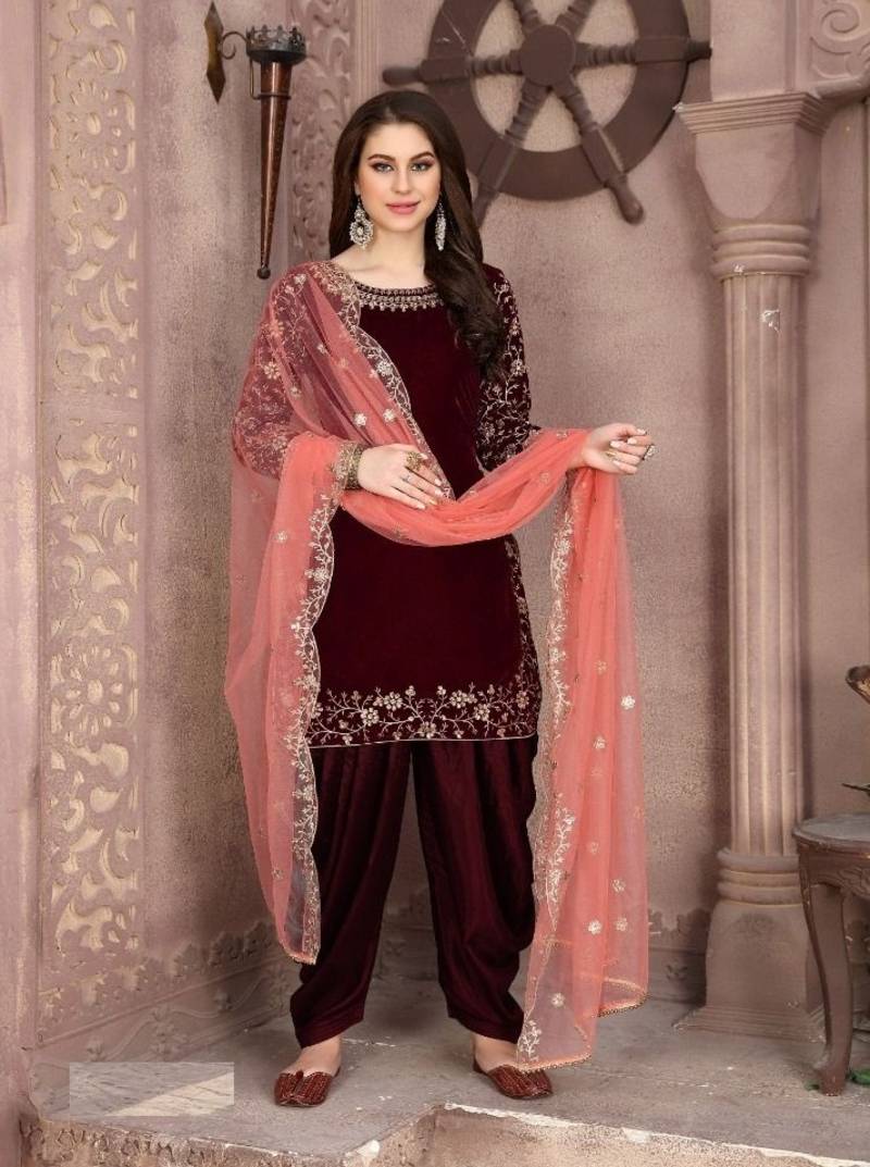 Maroon Velvet Embroidery Work Semi Stitched Patiyala Suit