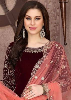 Maroon Velvet Embroidery Work Semi Stitched Patiyala Suit 2