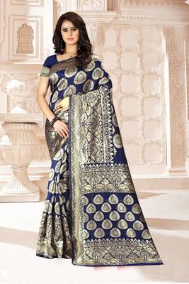 Navy Blue Woven Art Silk Saree With Blouse 1