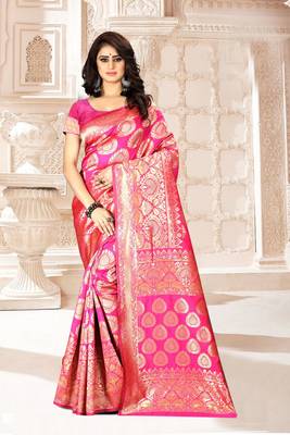 Pink Woven Kanjivaram Silk Saree With Blouse 5