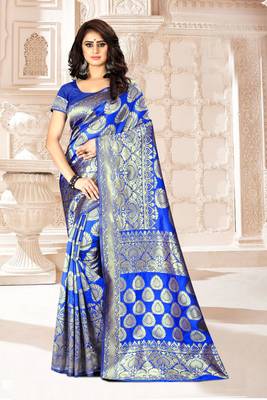Royal Blue Woven Kanjivaram Silk Saree With Blouse 3