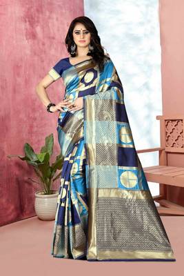Navy Blue Woven Kanjivaram Silk Saree With Blouse 5
