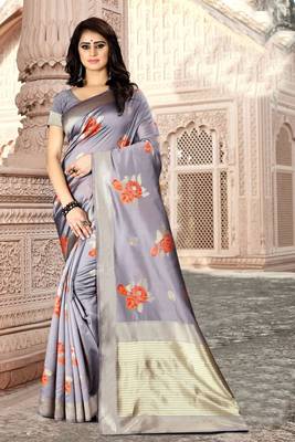 Grey Woven Kanjivaram Silk Saree With Blouse 4