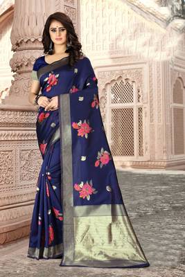 Navy Blue Woven Kanjivaram Silk Saree With Blouse 3