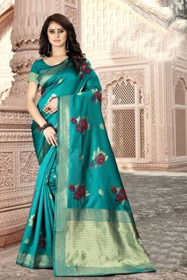 Sea Green Woven Art Silk Saree With Blouse 3
