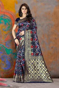 Navy Blue Woven Kanjivaram Silk Saree With Blouse