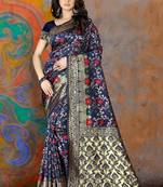 Navy Blue Woven Kanjivaram Silk Saree With Blouse