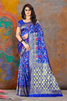 Royal Blue Woven Kanjivaram Silk Saree With Blouse
