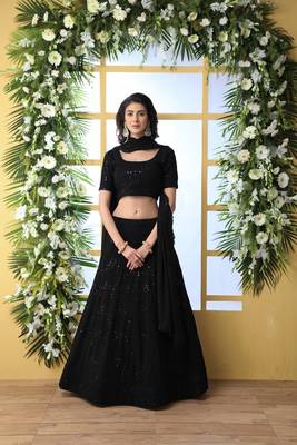 Black Embroidered Georgette Semi Stitched Lehenga 1