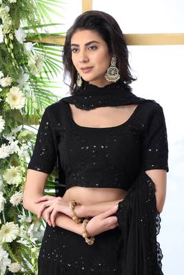 Black Embroidered Georgette Semi Stitched Lehenga 2