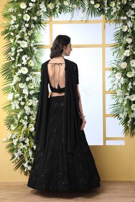 Black Embroidered Georgette Semi Stitched Lehenga 4
