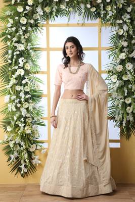 Beige Embroidered Georgette Semi Stitched Lehenga 1