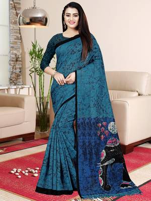 Blue Printed Saree With Blouse 1